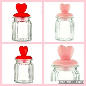 TWO Valentines Day Glass Jars W/ Heart Shape Lid (Pink/Red)